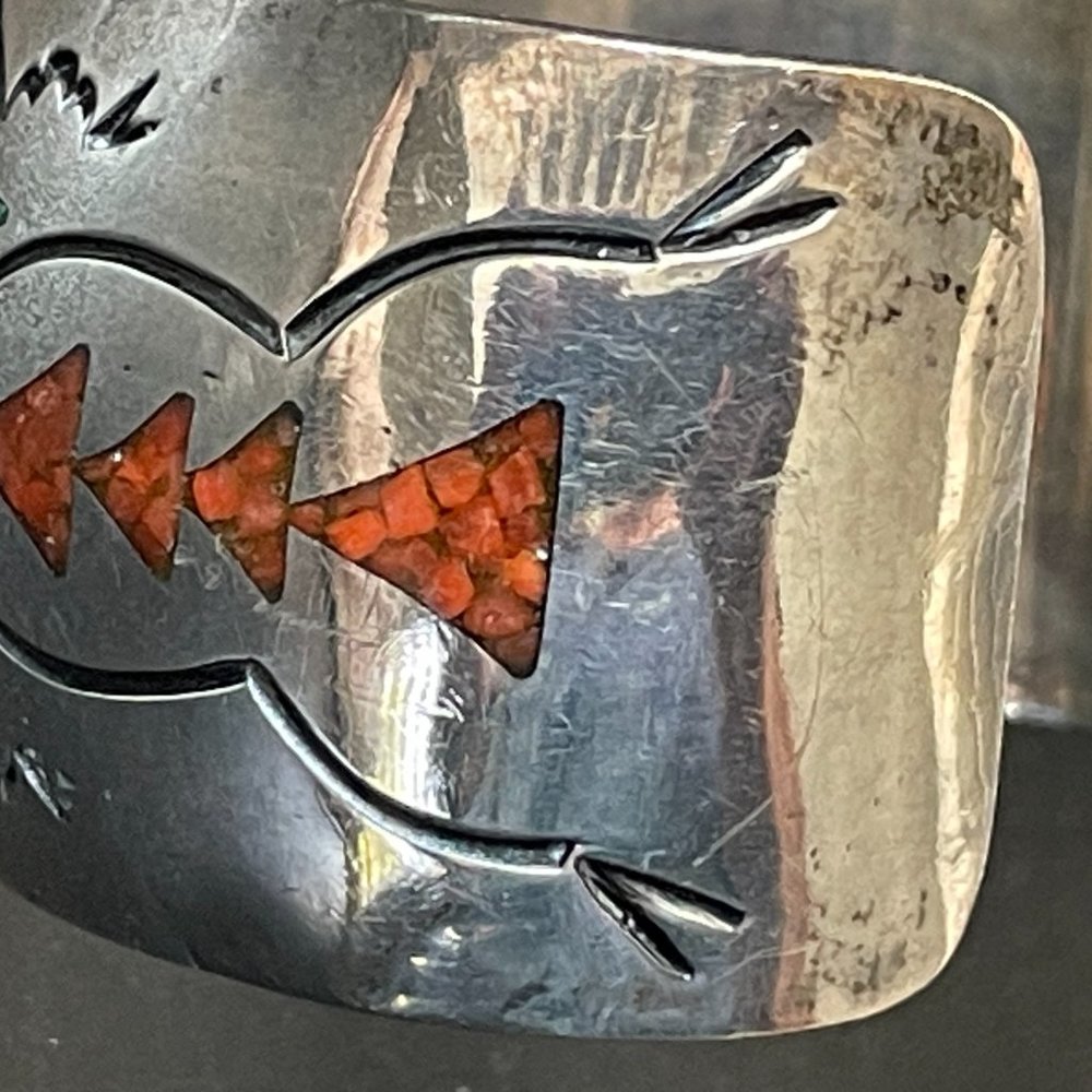 Vintage Silver Turquoise & Coral Inlay Cuff by Alfred Joe Navajo Tribe - Picture 10 of 16